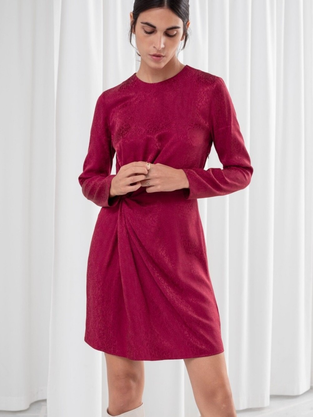 & Other Stories Paris Atelier Snake Jacquard Twist Knot Mini Dress - Dark Pink 4
